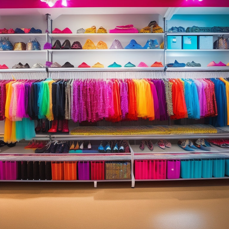 A bright, organized dance studio featuring a colorful rack of neatly hung costumes, labeled bins for accessories, and a mirror reflecting a tidy space, all surrounded by vibrant dance shoes and sparkling sequins.