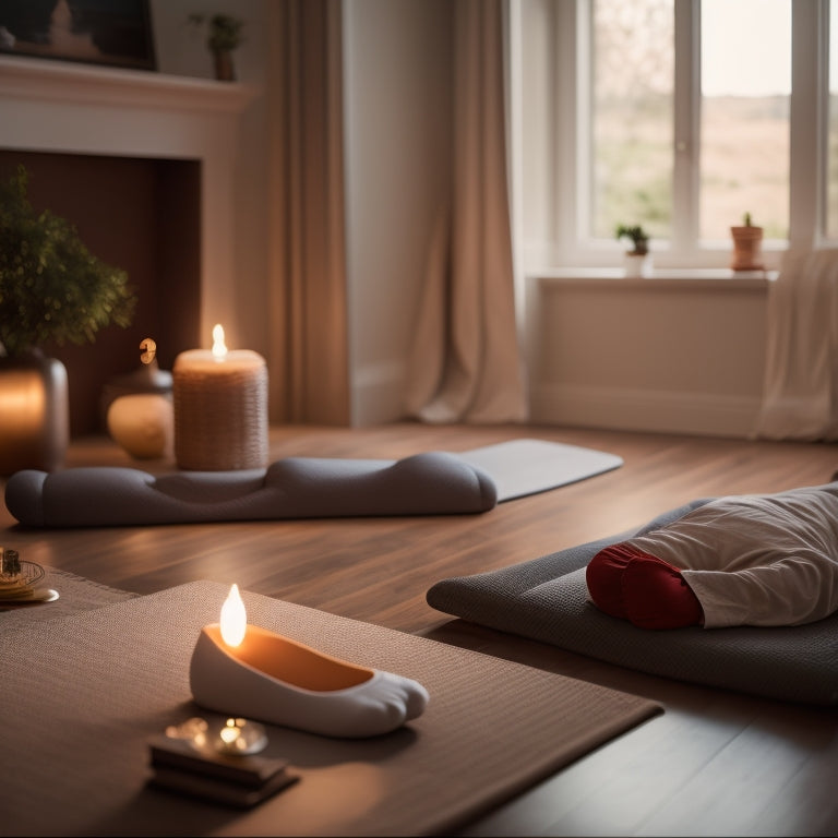 A serene home setting featuring a pair of foot arch stretchers beside a plush yoga mat, soft ambient lighting, and a person gently stretching their feet, showcasing relaxation and relief from foot pain.