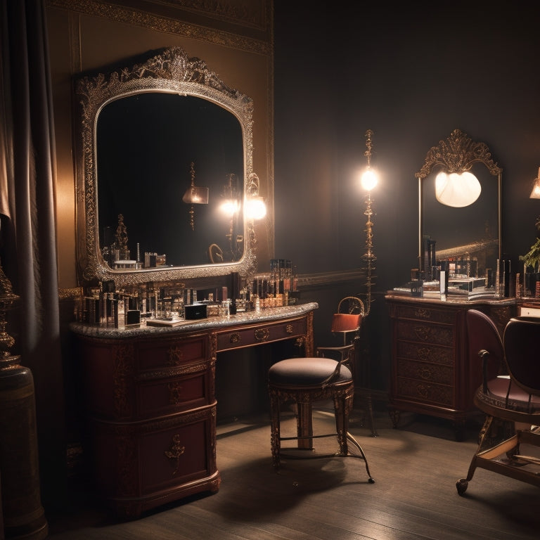 A dimly lit, glamorous backstage area with a vanity mirror, surrounded by makeup brushes, palettes, and beauty products, with a spotlight shining on an empty, ornate director's chair.