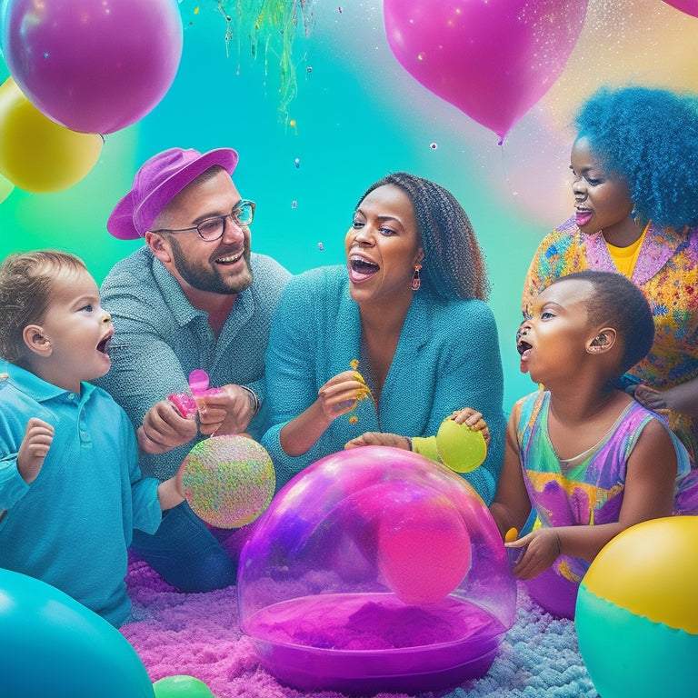 A vibrant, whimsical illustration featuring a diverse group of people of all ages engaged in various sensory activities, such as playing with colorful slime, blowing bubbles, and exploring a ball pit.