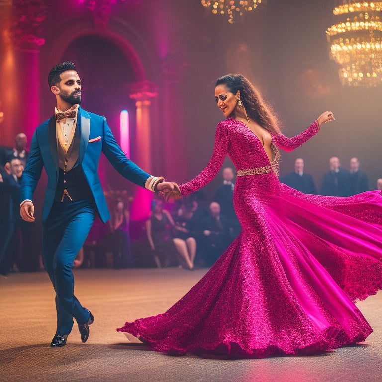 A vibrant dance floor scene featuring couples in stunning, flared Latin dresses and fitted tuxedos, showcasing dynamic movements. Rich colors like red, gold, and black create an energetic atmosphere, with rhythmic motion captured mid-dance.