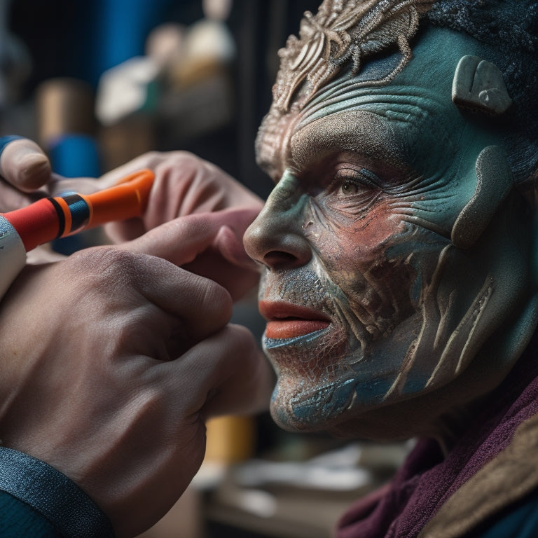 A close-up of a skilled artist applying intricate special effects prosthetics to a character's face, showcasing layers of realistic skin texture, vibrant colors, and dramatic features under bright studio lights, surrounded by tools and materials.