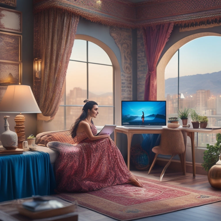 A whimsical illustration of a dancer in a cozy home studio, surrounded by laptop, props, and Middle Eastern-inspired decor, with a subtle cityscape outside the window, conveying flexibility and comfort.
