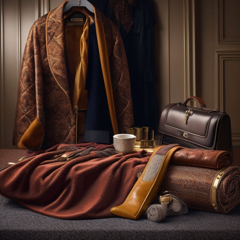 A luxurious, velvet-covered garment bag with gold hardware, surrounded by scattered designer clothing items, such as a Chanel tweed jacket and a Hermès silk scarf, on a rich, dark wood floor.