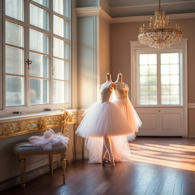A beautiful, serene ballet studio with a delicate, lace-trimmed tutu hanging on a hook, and a pair of pointe shoes with a subtle, sparkling tiara nearby, amidst soft, golden lighting.