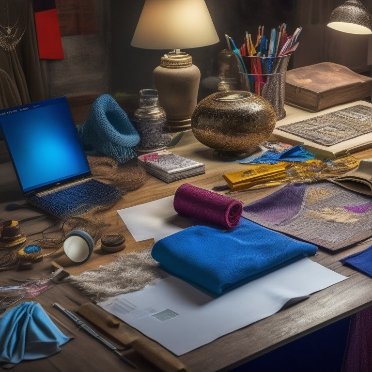 A cluttered, well-lit desk of a costume designer, with a laptop open to a 3D modeling program, surrounded by fabric swatches, sketches, and a half-finished costume piece, with threads and needles scattered about.