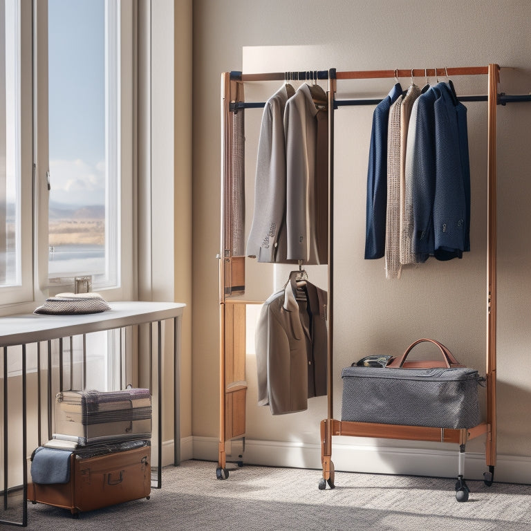 A sleek, compact portable garment rack set up in a stylish hotel room, featuring neatly hung clothes, a suitcase nearby, and soft natural light streaming through a window, creating an inviting travel atmosphere.