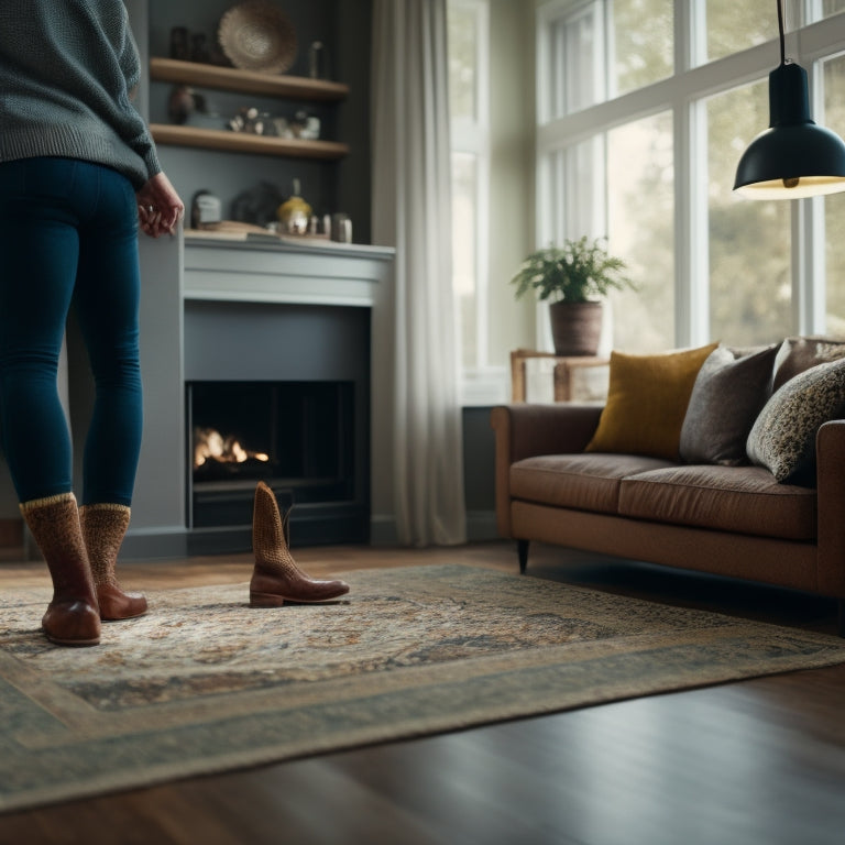 An image of a person in a modern living room, wearing socks, standing on a newly installed Marley floor, with one foot lifted and the other firmly planted, as if about to tap dance.