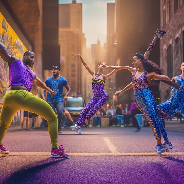 A dynamic scene of diverse dancers in vibrant, stylish sneakers, showcasing intricate footwork on a colorful urban street backdrop, with graffiti art and bright stage lights enhancing the energy and rhythm of hip hop culture.