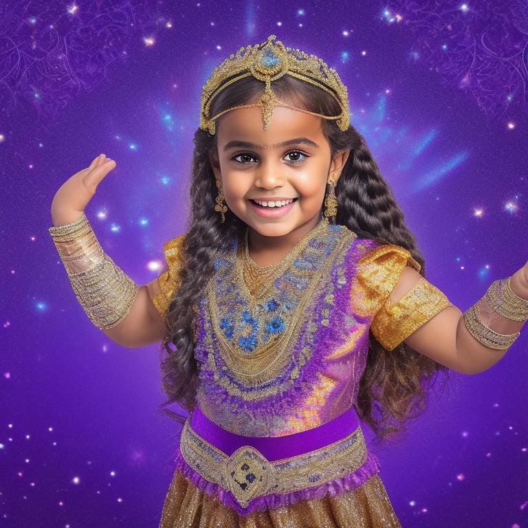 A colorful illustration of a smiling young girl, around 8-10 years old, wearing a sparkly belly dance costume, standing in front of a bright purple background with golden accents, surrounded by swirling Arabic patterns and belly dance props.
