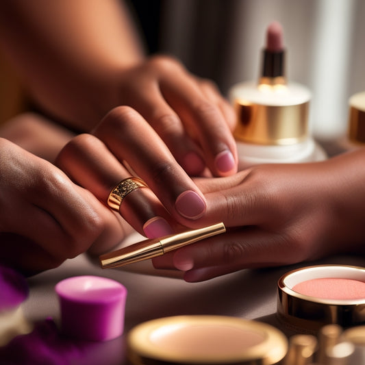 A close-up of a makeup artist's hand applying a creamy foundation on flawless skin, surrounded by elegant makeup tools, vibrant palettes, and soft brushes, all set against a chic, well-lit vanity backdrop.