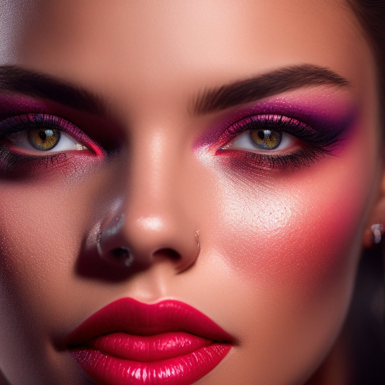 A close-up of a dancer's face, spotlight-lit, with bold, shimmering eyeshadow, precise cat-eye liner, and a bold red lip, surrounded by soft, blurred background lights and shadows.
