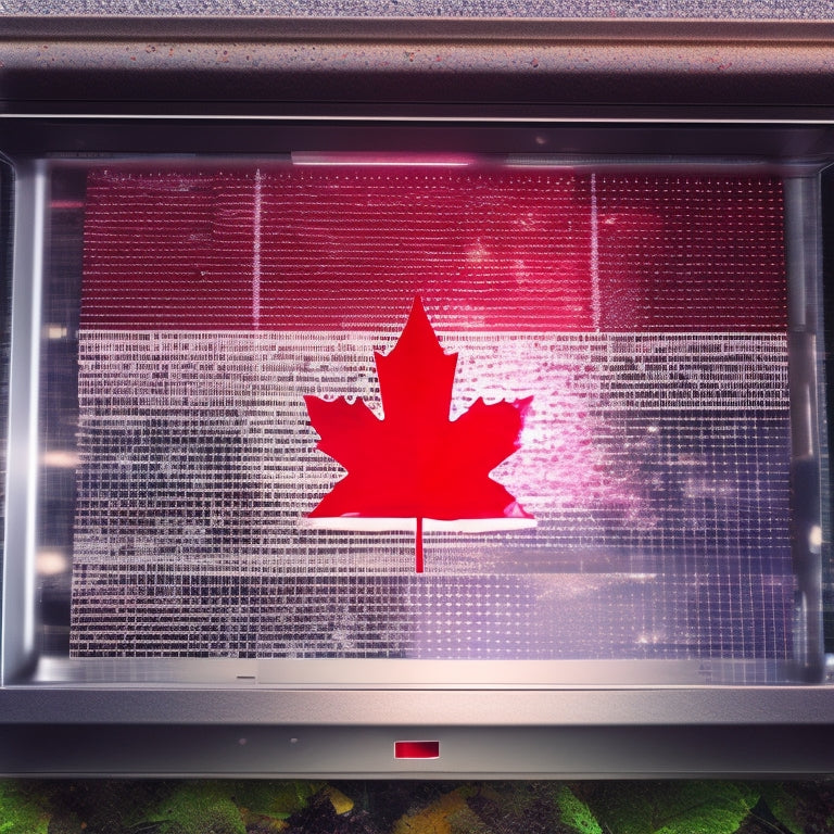 A broken computer screen with a faint maple leaf reflection, surrounded by torn Canadian flags and shattered pixels, with a subtle hint of a loading animation stuck in an infinite loop.