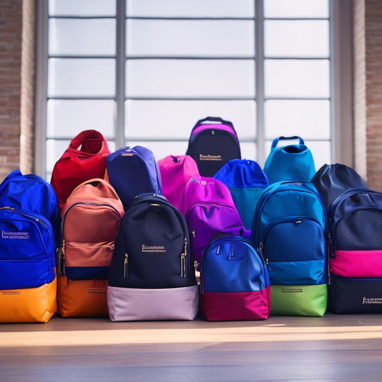 A vibrant array of stylish dance backpacks in various colors and patterns, arranged on a wooden studio floor, surrounded by ballet shoes, hip-hop gear, and jazz attire, showcasing diverse dance styles.