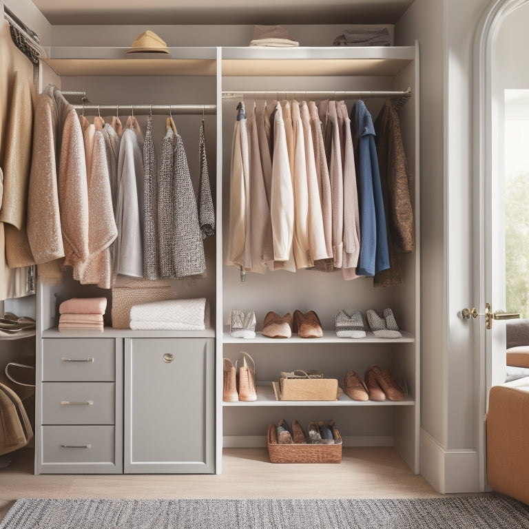 A beautifully organized closet featuring multiple stylish storage racks, showcasing neatly folded clothes, shoes arranged by color, and bins with labels, all bathed in warm, natural light filtering through an open door.