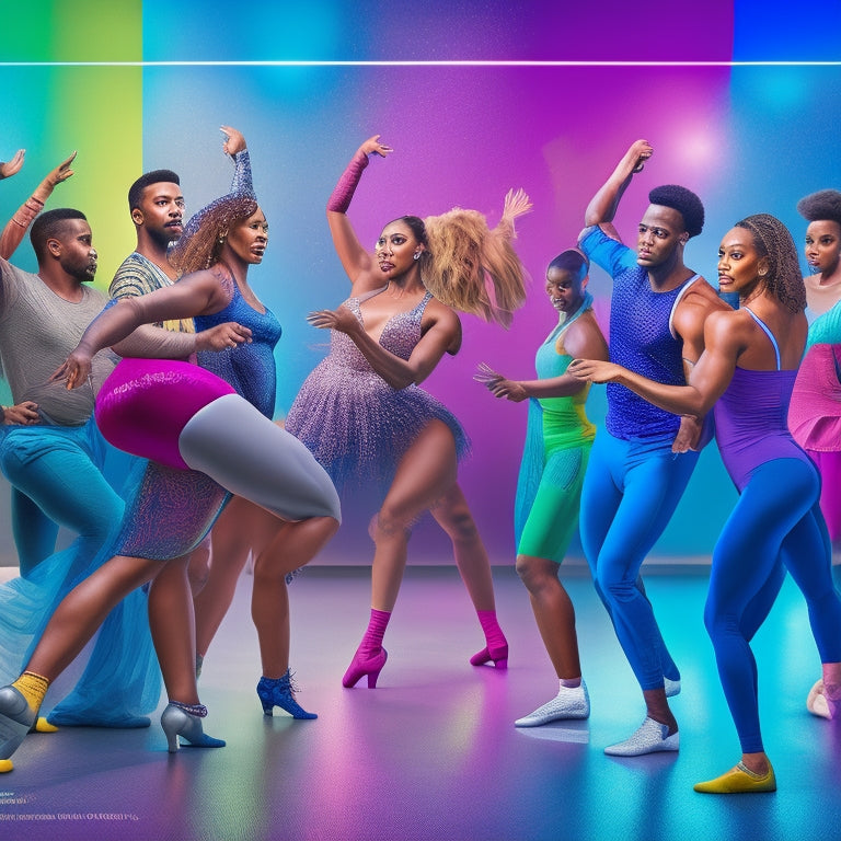 A vibrant illustration of a diverse group of people, ranging from beginners to pros, dancing together in a colorful studio, surrounded by mirrors, ballet bars, and inspirational quotes on the walls.