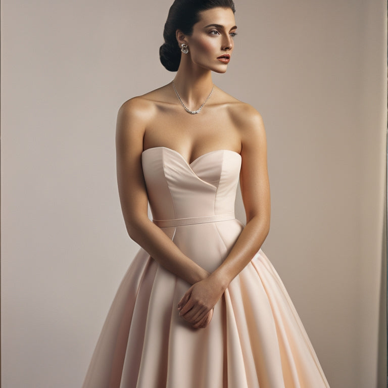 An illustration of a woman wearing a strapless dress, with subtle hints of boning, gathering, and adjustable bands subtly visible underneath the fabric, set against a soft, pastel-colored background.