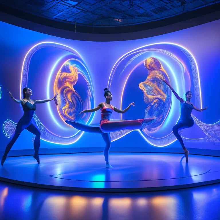 A futuristic dance studio with a giant tablet-like screen displaying 3D avatars in various dance poses, surrounded by swirling lines and shapes representing digital movement analysis and generation.