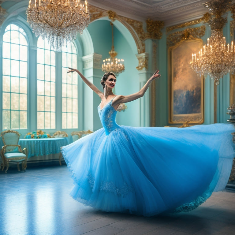 A graceful ballroom dancer twirls in a flowing, pastel blue waltz dress adorned with delicate lace, surrounded by shimmering chandeliers and elegant, mirrored walls, capturing the essence of sophistication and movement.