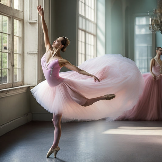 A graceful dancer in a soft, pastel leotard, paired with a flowing chiffon skirt, elegantly stretches in a sunlit studio, surrounded by delicate ballet shoes and accessories, embodying comfort and style.