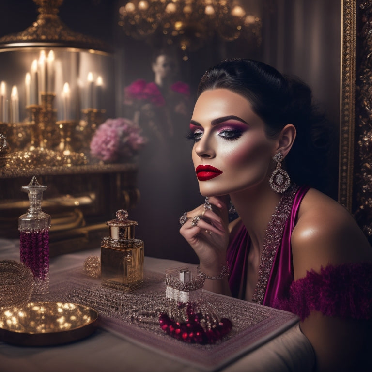 A glamorous, dimly-lit makeup station with a velvet-covered vanity, adorned with antique perfume bottles, sparkling diamonds, and a stunning model with a bold, bright lip color and flawless, sun-kissed skin.