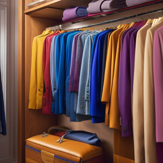 A neatly organized closet featuring various stylish garment bags in vibrant colors, each holding different clothing items. Soft lighting highlights the textures and patterns, while a chic wooden hanger displays a tailored suit.