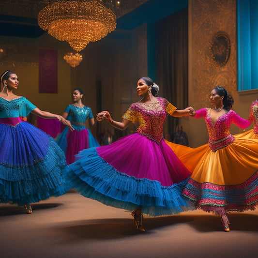 A vibrant dance studio scene featuring colorful Latin dance attire: flowing skirts, fitted tops, and embellished shoes, with dancers mid-movement showcasing grace and rhythm against a backdrop of mirrored walls and soft lighting.