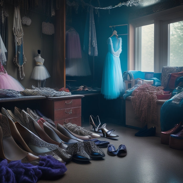 A ballet dancer's cluttered dressing room with scattered dance costumes, shoes, and accessories, amidst a subtle background of faint sweat droplets and mist, conveying a sense of post-performance chaos.