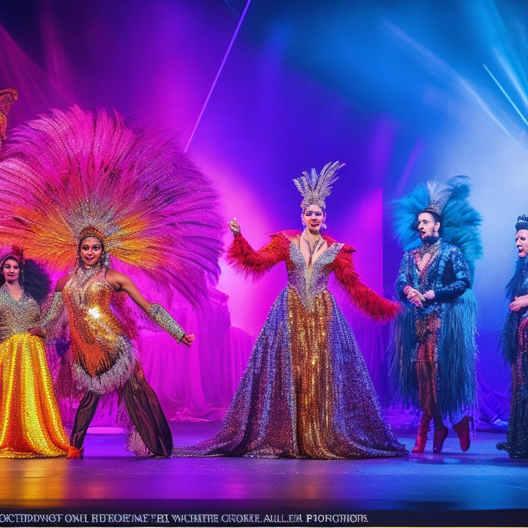 A vibrant stage featuring diverse performers in elaborate costumes: a shimmering sequined gown, a flowing silk cape, a bold feathered headdress, and a sleek tuxedo, all illuminated by colorful stage lights and dramatic shadows.