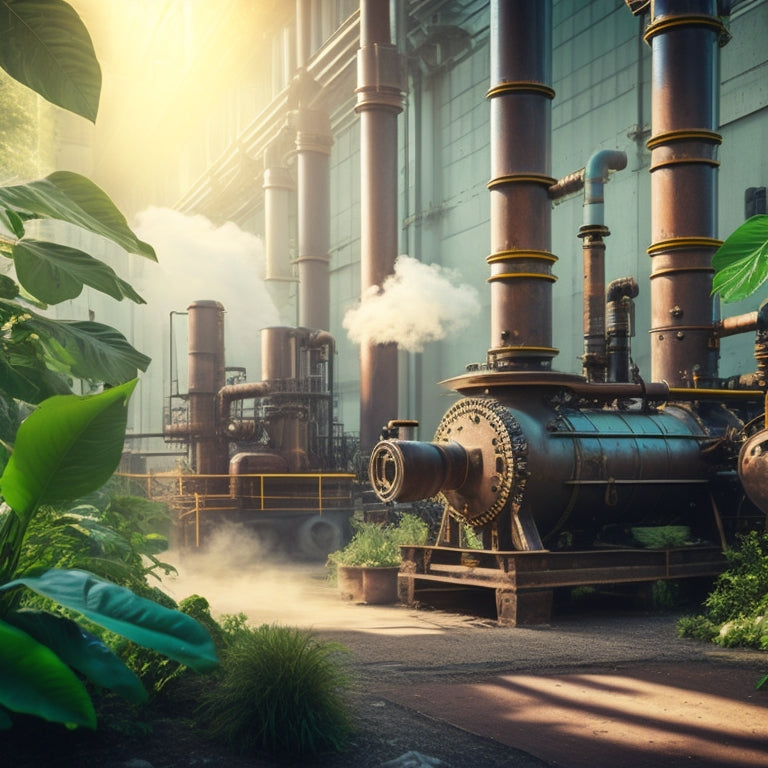 A vibrant industrial setting showcasing steam pipes with gauges, steam rising gently, surrounded by energy-efficient machinery, lush greenery in the background, sunlight filtering through, creating an atmosphere of harmony between technology and nature.