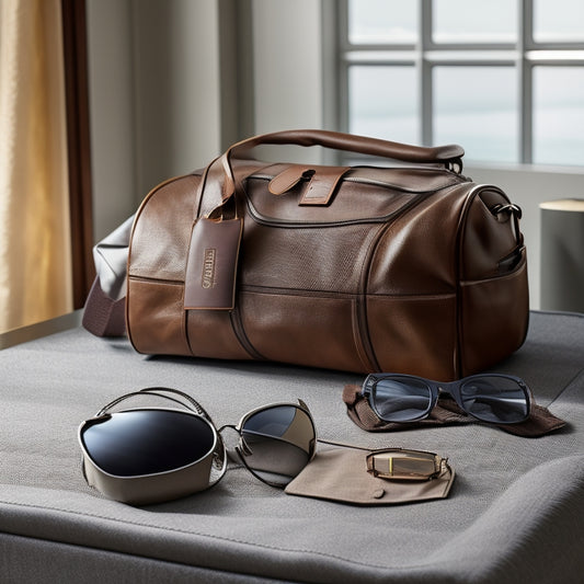 A sleek, open garment duffel bag displaying perfectly folded, wrinkle-free clothes, surrounded by travel essentials like a passport, sunglasses, and a stylish watch, set against a soft, neutral backdrop.