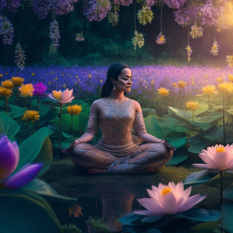 A serene illustration of a person meditating in a lotus position, surrounded by blooming flowers and vines, with subtle, glowing, interconnected nodes in the background, symbolizing flexibility and growth.