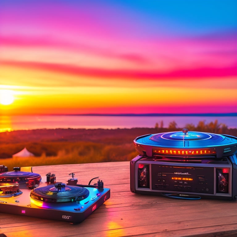 A sleek, compact DJ setup featuring a portable turntable, colorful LED lights, wireless speakers, and a stylish carrying case, set against a vibrant outdoor party scene with dancing guests and a sunset backdrop.