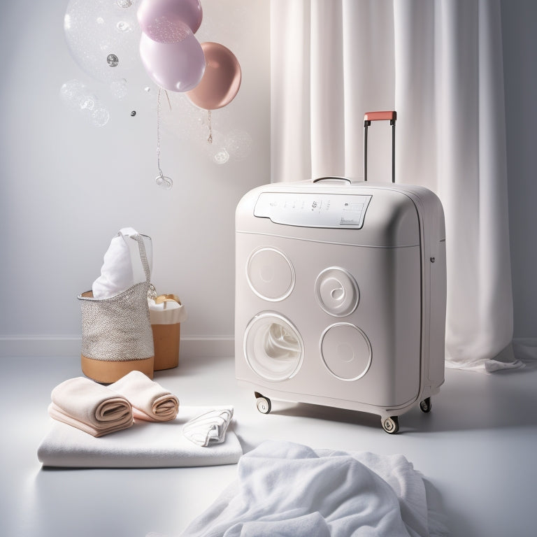 A delicate garment bag with a question mark hovering above it, surrounded by a washing machine, soap bubbles, and a few clothes scattered around, all on a soft, white background.