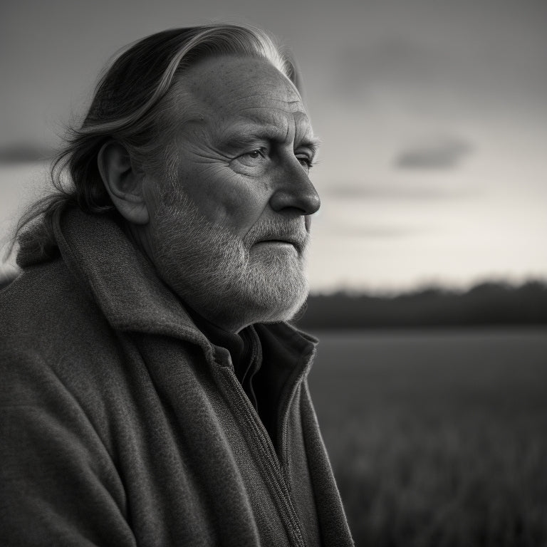 A somber, black-and-white portrait of Dave Myers, with a subtle, faded background of a UK countryside, and a faint, golden light outline surrounding his face, conveying a sense of nostalgia.