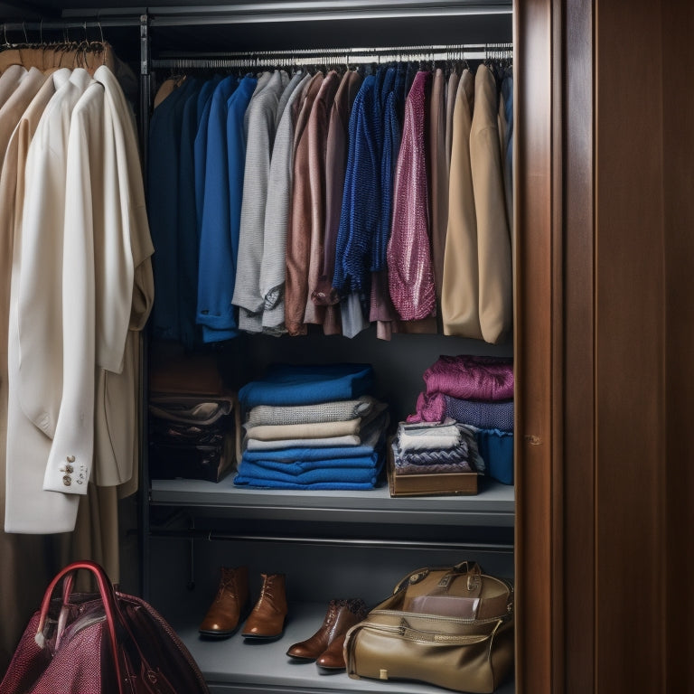 A cluttered closet with improperly stored garment bags, some wrinkled and overstuffed, contrasting with neatly organized bags on a rack, showcasing a visually appealing, tidy storage solution.