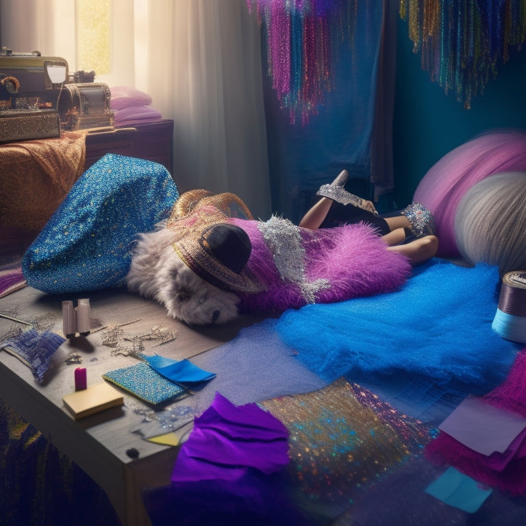 A whimsical illustration of a dancer surrounded by floating fabric swatches, threads, and sparkling embellishments, with a laptop and sewing machine in the background, amidst a subtle, shimmering aura of creativity.