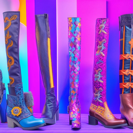 A display of various cosplay boots: sleek black knee-high styles, vibrant ankle-length designs with buckles, and whimsical knee-highs with unique patterns, all arranged on a colorful backdrop of fabric swatches and cosplaying accessories.