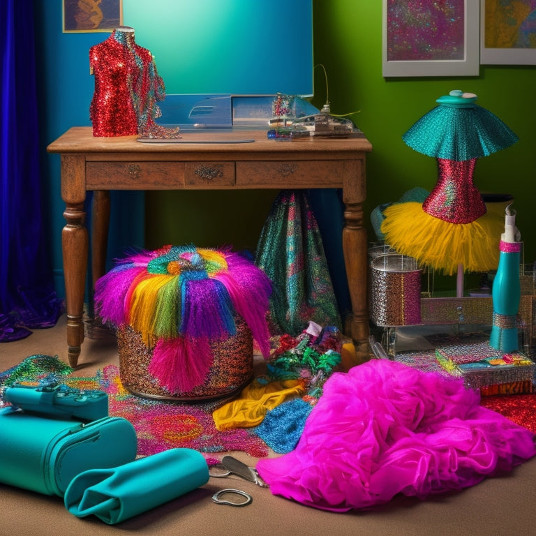 A whimsical illustration of a dancer's workspace, featuring an array of colorful fabrics, sequins, glitter, and threads, with a half-finished costume on a mannequin, surrounded by scissors, glue, and a sewing machine.