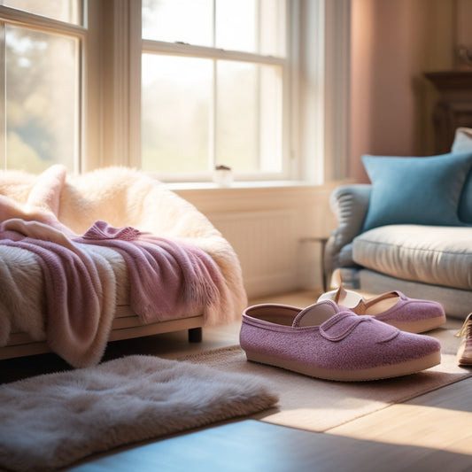 A cozy living room scene featuring stylish ballet flats in soft pastel colors, surrounded by plush cushions and a warm throw blanket. Sunlight streams through a window, casting a gentle glow on the shoes.
