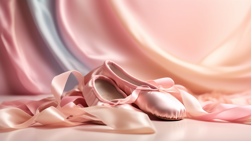 Surreal close-up photograph of satin ballet shoes in a palette of blush pink and cream, with ribbons curling upwards and floating in the air. The background is a blurred pastel rainbow gradient, creat