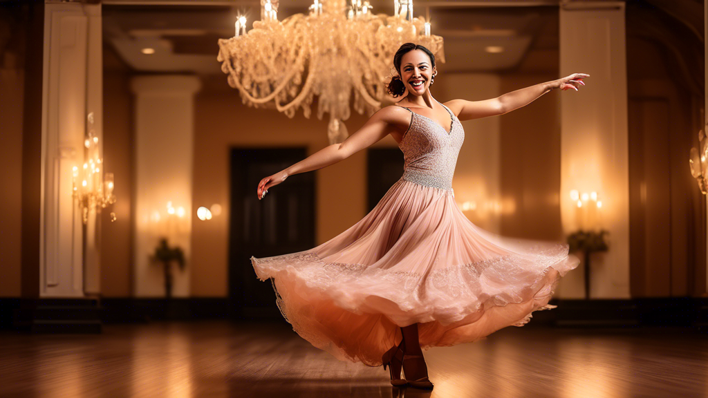 A beautiful woman in an elegant, affordable ballroom dance dress, twirling on a dance floor under a chandelier. The dress has a flowing skirt and is decorated with delicate lace. The woman is smiling