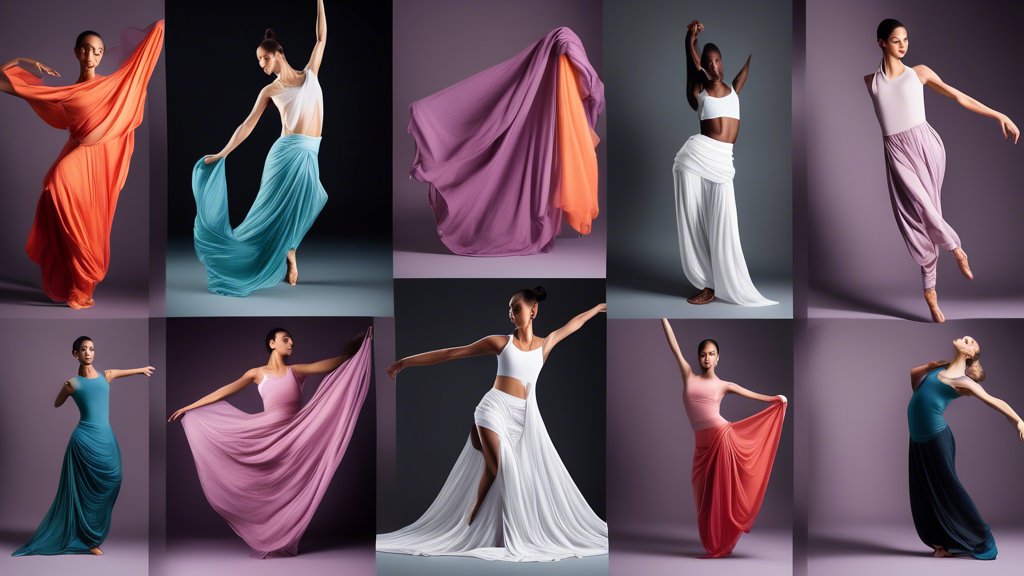 A collection of breathable fabrics for dance apparel, draped elegantly over a dancer's body. The fabrics should convey a sense of coolness, comfort, and movement. Focus on textures and flowy silhouett