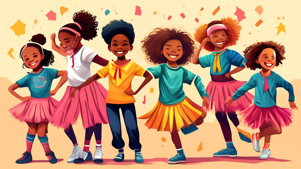 An image of a group of students, of different ages and backgrounds, happily wearing their homemade dance uniforms. Each student's uniform showcases their unique style and personality, yet they all come together cohesively as a team. The image capture