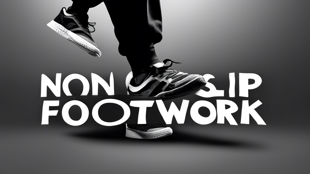 Photograph of a pair of sneakers performing a non-slip dance move, with a black and white background and the title Non-Slip Footwork in bold text.
