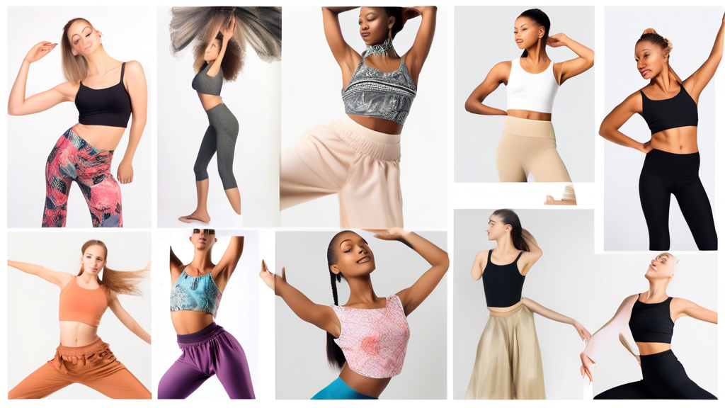 A montage of images showcasing dancers wearing stylish and supportive crop tops in various dance styles, capturing the essence of movement, fashion, and confidence. Include different colors, fabrics,