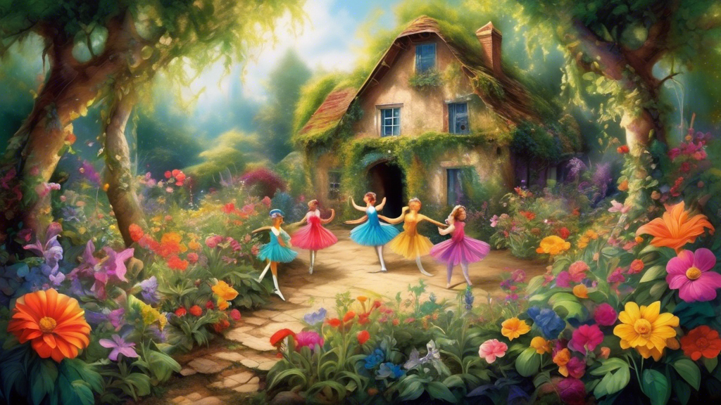 Create an image of a beautiful, overgrown garden with vibrant flowers and foliage, where amidst the greenery, a hidden treasure chest filled with sparkling dance shoes, costumes, and music can be seen being unearthed by a group of young dancers. The