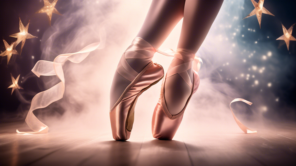 A pair of elegant ballet shoes shimmering under stage lights, with intricate ribbon detailing and a graceful ballerina poised en pointe on the tips of her toes, surrounded by ethereal smoke and twinkl
