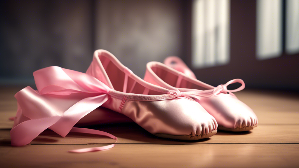 A photorealistic image of a pair of ballet shoes designed for narrow feet, resting on a wooden floor in a dance studio. The shoes should be pink and have a satin finish, with ribbons that are tied in