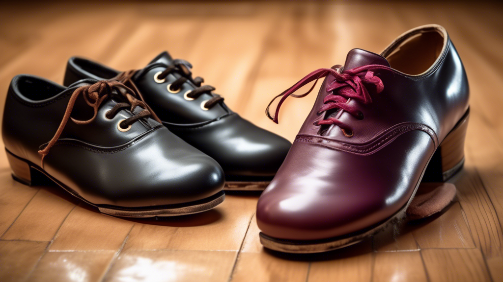An image of a pair of leather tap shoes next to a pair of synthetic tap shoes, with a close-up of the soles showing the different materials. The background should be a dance studio with a wood floor a